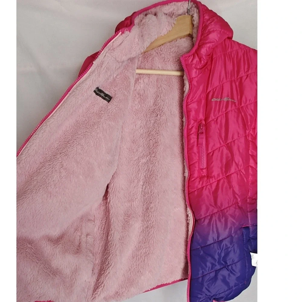 Eddie Bauer Youth Reversible Puffer Jacket  Pink Purple Ombre Fleece L 14 15